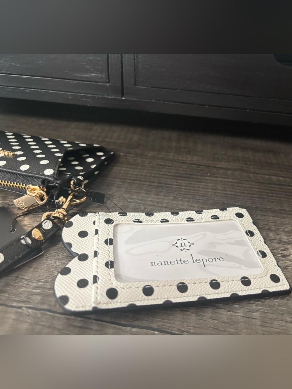 Nanette Lepore Black & White Polka Dot Wristlet Card Case - Picture 3 of 11